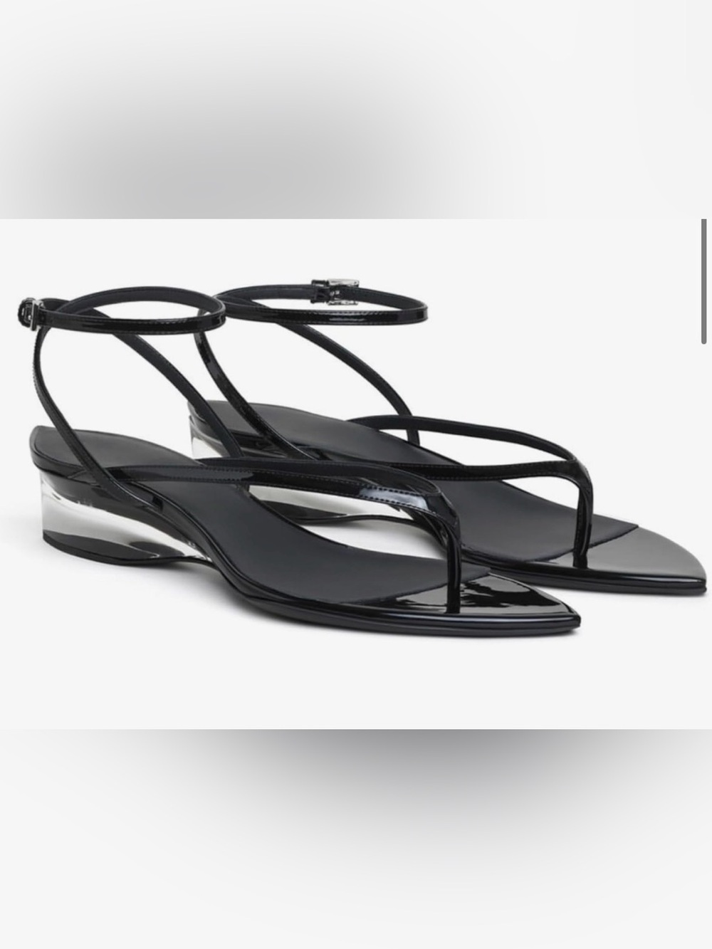 Minimalist Black Patent Thong Sandals with Ankle Strap